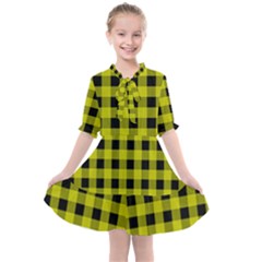 Yellow Black Buffalo Plaid Kids  All Frills Chiffon Dress by SpinnyChairDesigns