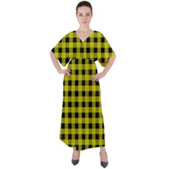 Yellow Black Buffalo Plaid V-neck Boho Style Maxi Dress by SpinnyChairDesigns