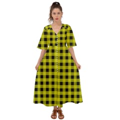 Yellow Black Buffalo Plaid Kimono Sleeve Boho Dress by SpinnyChairDesigns