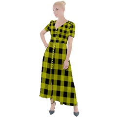 Yellow Black Buffalo Plaid Button Up Short Sleeve Maxi Dress by SpinnyChairDesigns