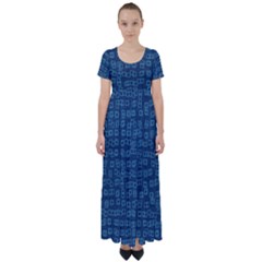 Blue Abstract Checks Pattern High Waist Short Sleeve Maxi Dress by SpinnyChairDesigns