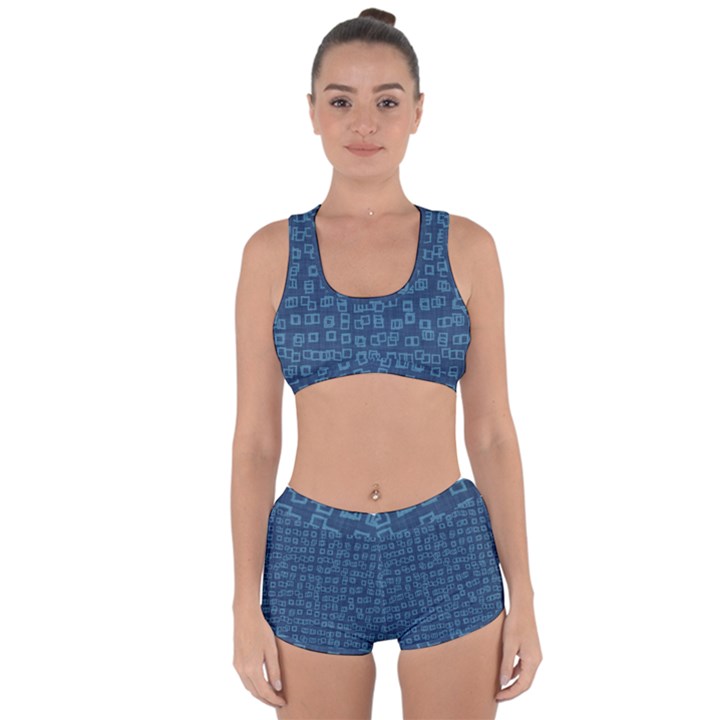 Blue Abstract Checks Pattern Racerback Boyleg Bikini Set