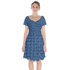 Blue Abstract Checks Pattern Short Sleeve Bardot Dress by SpinnyChairDesigns