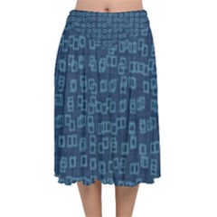 Blue Abstract Checks Pattern Velvet Flared Midi Skirt