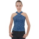 Blue Abstract Checks Pattern Cross Neck Velour Top View1