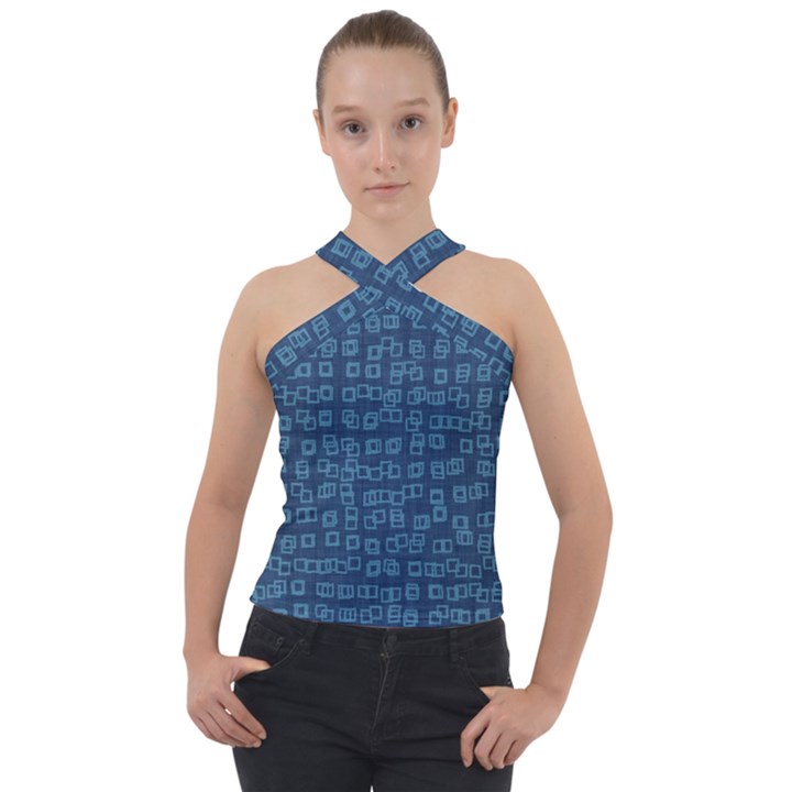 Blue Abstract Checks Pattern Cross Neck Velour Top