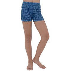 Blue Abstract Checks Pattern Kids  Lightweight Velour Yoga Shorts by SpinnyChairDesigns