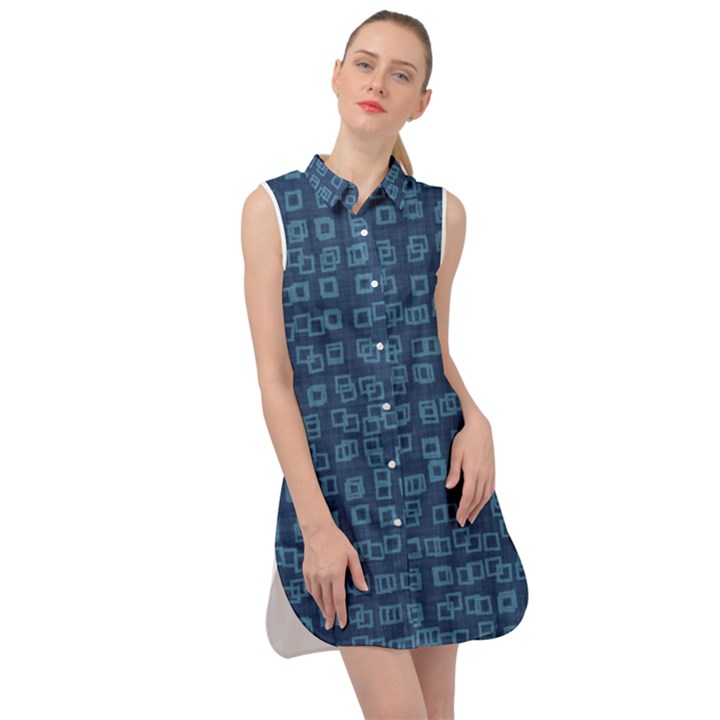 Blue Abstract Checks Pattern Sleeveless Shirt Dress