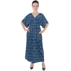 Blue Abstract Checks Pattern V-neck Boho Style Maxi Dress by SpinnyChairDesigns