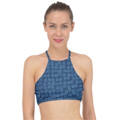 Blue Abstract Checks Pattern Racer Front Bikini Top by SpinnyChairDesigns