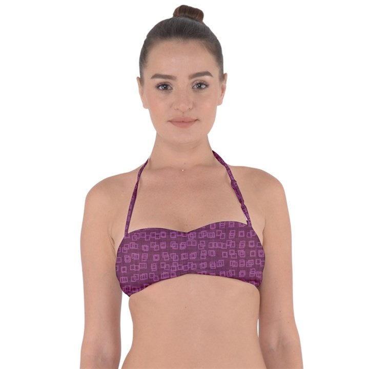 Plum Abstract Checks Pattern Halter Bandeau Bikini Top