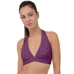 Plum Abstract Checks Pattern Halter Plunge Bikini Top by SpinnyChairDesigns