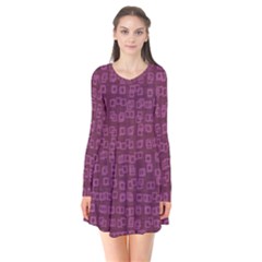 Plum Abstract Checks Pattern Long Sleeve V-neck Flare Dress by SpinnyChairDesigns