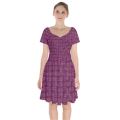 Plum Abstract Checks Pattern Short Sleeve Bardot Dress by SpinnyChairDesigns