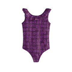 Plum Abstract Checks Pattern Kids  Frill Swimsuit by SpinnyChairDesigns