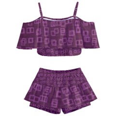 Plum Abstract Checks Pattern Kids  Off Shoulder Skirt Bikini by SpinnyChairDesigns