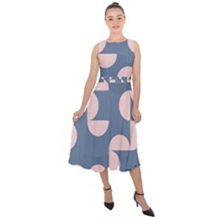 Pink And Blue Shapes Midi Tie-back Chiffon Dress