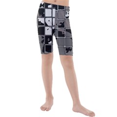 Black And White Checkered Grunge Pattern Kids  Mid Length Swim Shorts by SpinnyChairDesigns