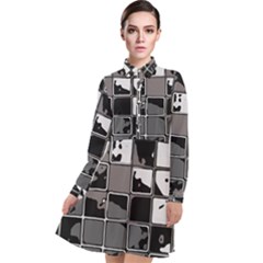 Black And White Checkered Grunge Pattern Long Sleeve Chiffon Shirt Dress by SpinnyChairDesigns