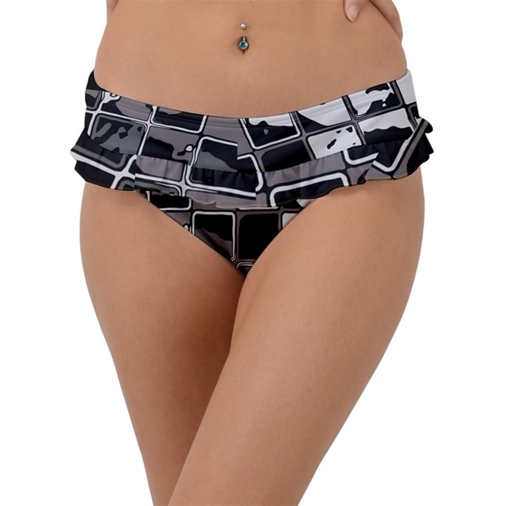 Black and White Checkered Grunge Pattern Frill Bikini Bottom