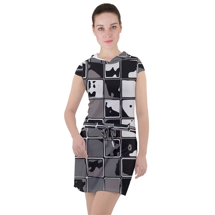 Black and White Checkered Grunge Pattern Drawstring Hooded Dress