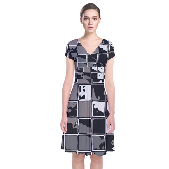 Black and White Checkered Grunge Pattern Short Sleeve Front Wrap Dress