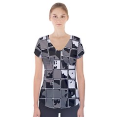 Black And White Checkered Grunge Pattern Short Sleeve Front Detail Top by SpinnyChairDesigns