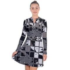 Black And White Checkered Grunge Pattern Long Sleeve Panel Dress by SpinnyChairDesigns