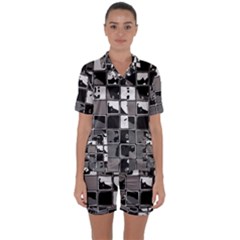 Black And White Checkered Grunge Pattern Satin Short Sleeve Pyjamas Set by SpinnyChairDesigns