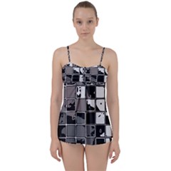 Black And White Checkered Grunge Pattern Babydoll Tankini Set by SpinnyChairDesigns