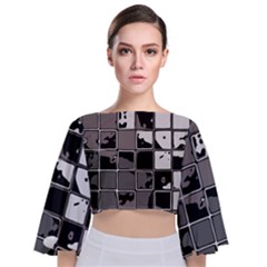 Black And White Checkered Grunge Pattern Tie Back Butterfly Sleeve Chiffon Top by SpinnyChairDesigns