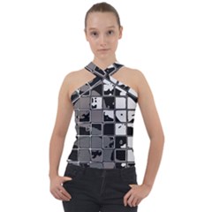 Black And White Checkered Grunge Pattern Cross Neck Velour Top by SpinnyChairDesigns