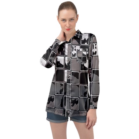 Black And White Checkered Grunge Pattern Long Sleeve Satin Shirt by SpinnyChairDesigns