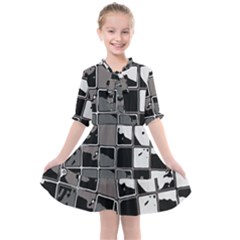 Black And White Checkered Grunge Pattern Kids  All Frills Chiffon Dress by SpinnyChairDesigns