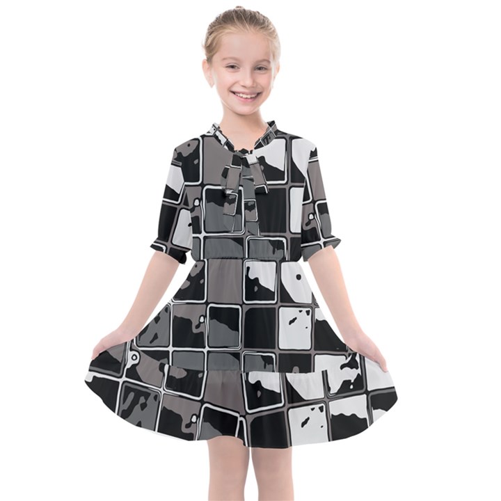 Black and White Checkered Grunge Pattern Kids  All Frills Chiffon Dress