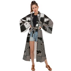 Black And White Checkered Grunge Pattern Maxi Kimono by SpinnyChairDesigns