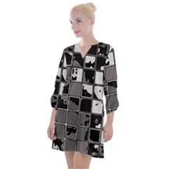 Black And White Checkered Grunge Pattern Open Neck Shift Dress