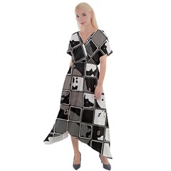 Black And White Checkered Grunge Pattern Cross Front Sharkbite Hem Maxi Dress by SpinnyChairDesigns