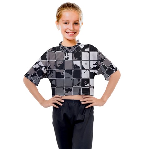 Black And White Checkered Grunge Pattern Kids Mock Neck Tee by SpinnyChairDesigns