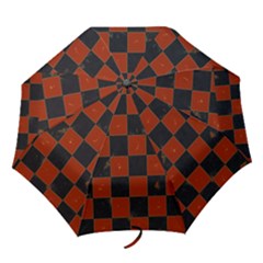 Red And Black Checkered Grunge  Folding Umbrellas by SpinnyChairDesigns