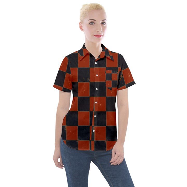 Red and Black Checkered Grunge  Women s Short Sleeve Pocket Shirt