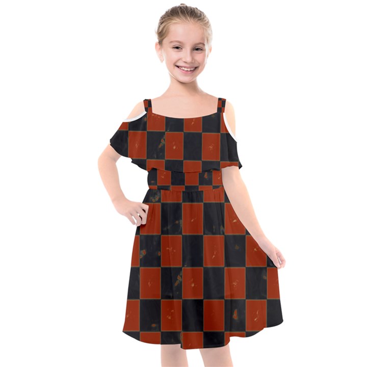 Red and Black Checkered Grunge  Kids  Cut Out Shoulders Chiffon Dress