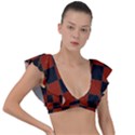 Red and Black Checkered Grunge  Plunge Frill Sleeve Bikini Top View1