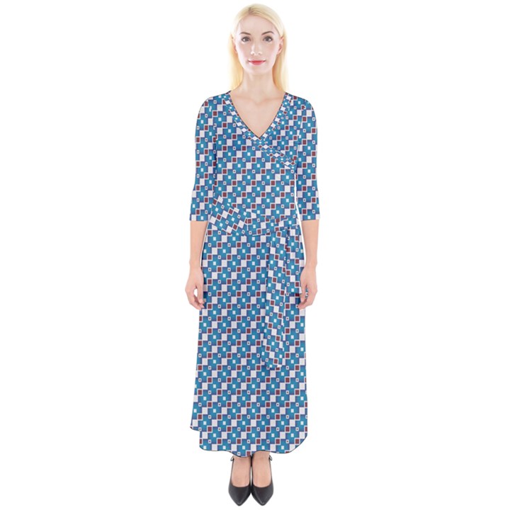 Country Blue Checks Pattern Quarter Sleeve Wrap Maxi Dress