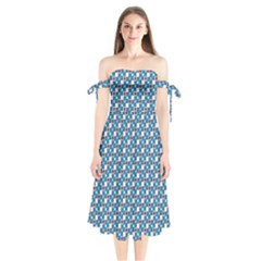 Country Blue Checks Pattern Shoulder Tie Bardot Midi Dress