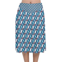 Country Blue Checks Pattern Velvet Flared Midi Skirt