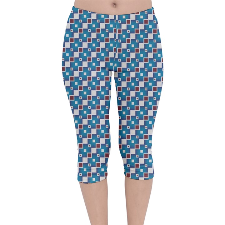 Country Blue Checks Pattern Velvet Capri Leggings 