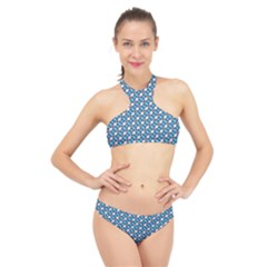 Country Blue Checks Pattern High Neck Bikini Set