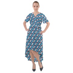 Country Blue Checks Pattern Front Wrap High Low Dress