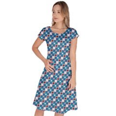 Country Blue Checks Pattern Classic Short Sleeve Dress